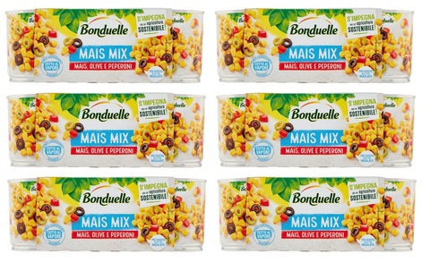 Bonduelle Gemüse 6x Bonduelle Mais Mix Mais Olive e Peperoni Süßer und Knuspriger Mais mit Oliven und Peperoni ( 3 x 170g ) 3083681014051