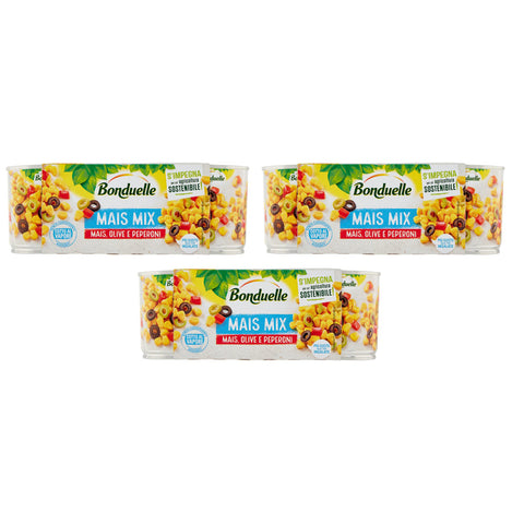 Bonduelle Mais Mix Mais Olive e Peperoni Süßer und Knuspriger Mais mit Oliven und Peperoni ( 3 x 170g ) 3x Original italienisch