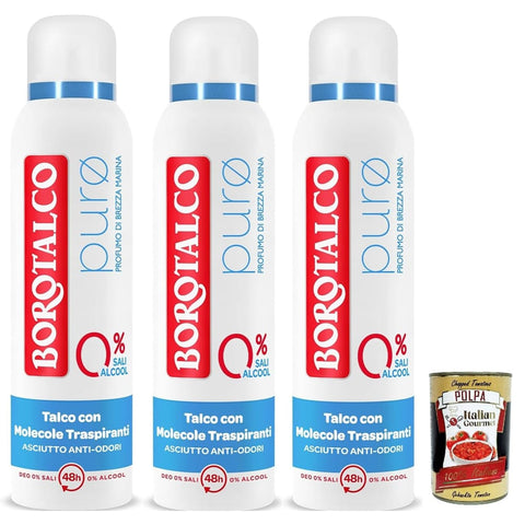 Borotalco Antitranspirant-Deo Borotalco deo deodorant Spray Puro Brezza Marina, mit Talk mit atmungsaktiven Molekülen, ohne Alkohol und Aluminiumsalze, 48 Stunden Wirksamkeit, 3x 150 ml Original italienisch inkl. Italian Gourmet Polpa 400g 8002410046175