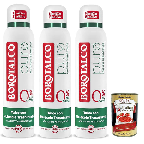 Borotalco Deodorante Spray Puro, mit Talk mit atmungsaktiven Molekülen, Formel ohne Alkohol und Aluminiumsalze, trockene Anti Podiums, 48 Stunden Wirksamkeit 3x 150 ml italienisch Original