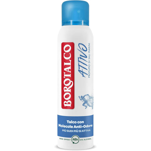 Borotalco blaues aktives Spray-Deodorant Formel ohne Alkohol und Talk mit Anti-Odor-Molekülen 48 Stunden Wirksamkeit Duft von Meersalz 150 ml 6x italienisch