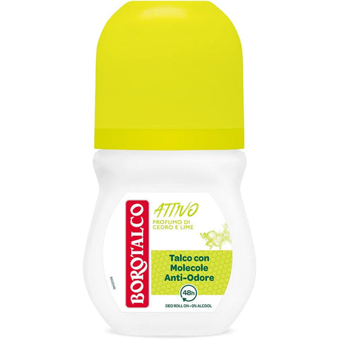 Borotalco Deodorant Roll On Active Giallo alkoholfrei und mit Talkum mit Anti Geruchs Molekülen, 48h 6x50ml Original italienisch Pflege