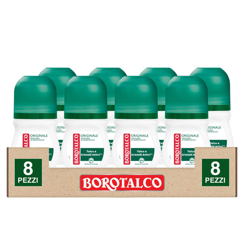 Borotalco Original Deo Roll On Deo 48h mit Talkum mit aktiven Kristallen, Schweißschutz, ohne Alkohol, Duft von Borotalco 8 Flaschen à 50 ml italienisch