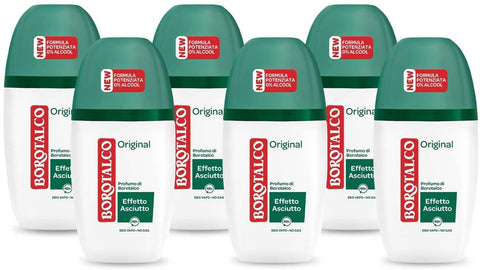 Borotalco Original Vapo Deodorant mit Mikropuder, schweißabsorbierend, ohne Alkohol, weiche und feuchtigkeitsspendende Haut, Borotalkus Duft, Deodorant für Männer und Frauen, 6 Flaschen à 75 ml italienisch