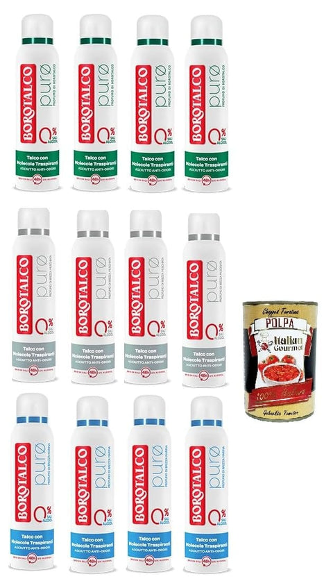 Borotalco Deo Testpaket Borotalco Puro Deodorante Deo Spray, 0% Aluminiumsalze, Trockene Wirksamkeit, Anti-Geruch,12x 150ml + Italian Gourmet polpa 400g 8002410045697
