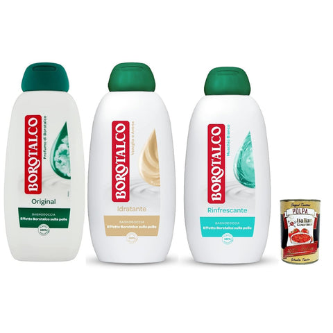 Borotalco Testpaket Duschbad, Duschgel mit Borotalkum Duft, Formel mit feuchtigkeitsspendenden Mitteln, Borotalkum Effekt auf der Haut, dermatologisch getestet, 3x 450 ml italienisch Original