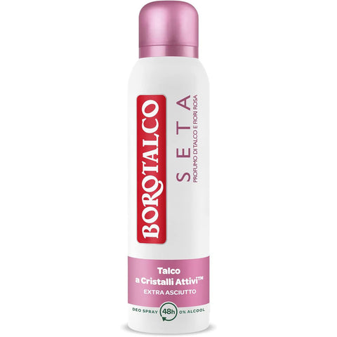 Borotalco Seta Spray Deodorant, Formel ohne Alkohol und mit Aktivkristallen Talk, Duft nach Talk und rosa Blüten, 48h Wirksamkeit 150 ml italienisch Original