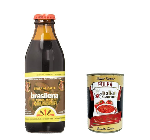 Calabria Gemahlener Kaffee 48x Brasilena Bibita Gassata al Caffe 25 cl, Erfrischendes Kalabrien Kohlensäurehaltiges Alkoholfreies Getränk mit Geschmack Kaffee + Italian Gourmet polpa 400g 8007393001807