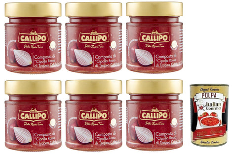 Callipo Gemüse 6x Callipo Composta Di Cipolla Rossa Di Tropea Calabria I.G.P.,Kompott aus Roten Zwiebeln aus Tropea Kalabrien,Glas 300g + Italian Gourmet Polpa di Pomodoro 400g Dose 8001561015580