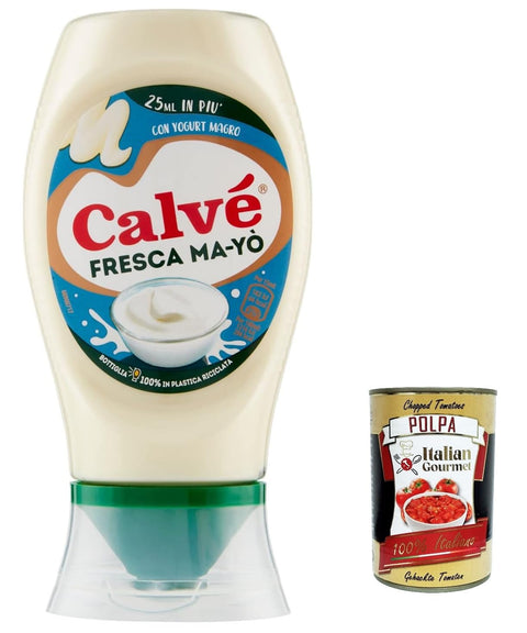 Calvè Mayonnaise 12x Calvé Maionese Fresca Ma-Yò Mayonnaise mit fettarmem Joghurt und 55 % weniger Fett*, ideal für Reissalate, kalte Kartoffeln und große Salate 250 m + Italian Gourmet polpa 400g 8720182387530