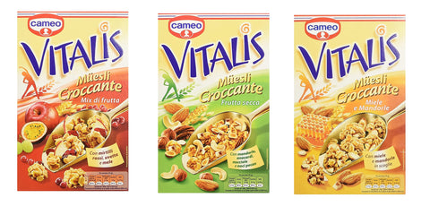 Cameo Testpaket Cameo Vitalis Muesli Croccante Miele e Mandorle Frutta Secca Frutta Mix Cerealien Fruchtmischung 3x 300g italienisch Original