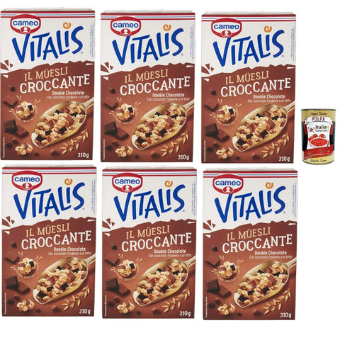 Cameo Snack Kuchen & Backwaren Cameo Vitalis Muesli Croccante Double Chocolate, Müsli knusprige Doppelschokolade mit ganzen Haferflocken aus dunkler Schokolade und Milch, 6x 310 g Original italienisch inkl. Italian Gourmet Polpa 400g 8032804040014