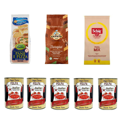 Caputo Schär Pizza Mix Gluten frei Mehl 2x 1 Kg Le farine magiche senza glutine 500 g + und Italian Gourmet Polpa di pomodoro Fein gehacktes Tomatenmark 5x 400 g italienisch Original