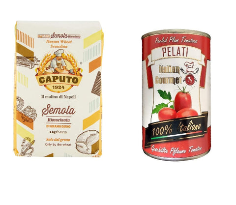 Caputo Kurze Pasta Caputo - Hartweizengrieß - Semola di grano duro rimacinata 1kg + Italian Gourmet Pomodori 100% italienisch Pelati Ganze Geschälte Pflaume Tomaten sauce dose 400g 8022180032970
