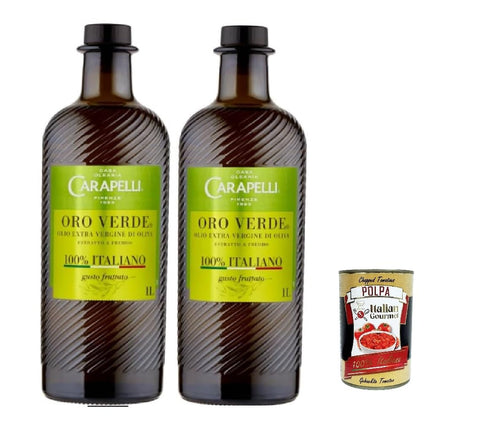 Carapelli Oliven Carapelli Oro Verde Extra Natives Olivenöl, 100% Italienisch, 2 x 1 Liter Flaschen, + Italian Gourmet polpa 400g