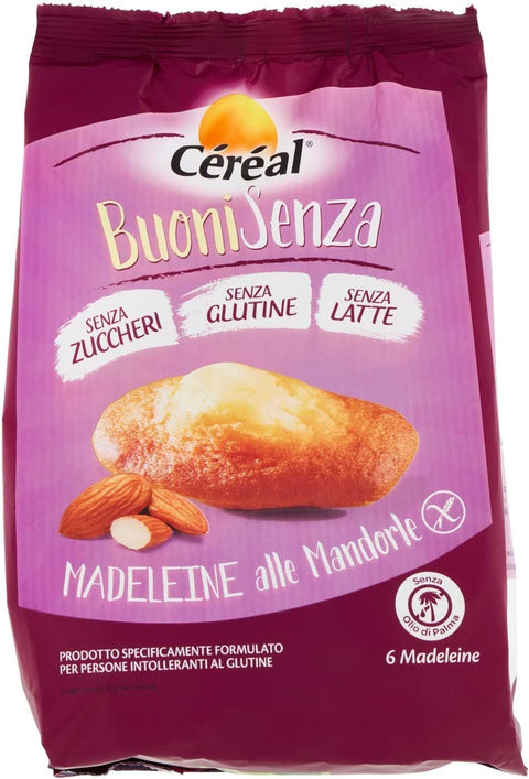 Céréal Kekse Céréal BuoniSenza Madeleine alle Mandorle Mandel Madeleines Ideal zum Frühstück Süßer Snack mit Mandelgeschmack glutenfrei, milchfrei und zuckerfrei 180g Packung 3175681232877