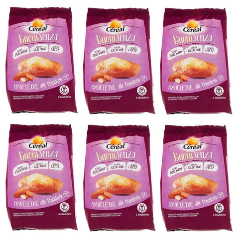 Céréal Kekse Céréal BuoniSenza Madeleine alle Mandorle Mandel Madeleines Ideal zum Frühstück Süßer Snack mit Mandelgeschmack glutenfrei, milchfrei und zuckerfrei 180g Packung 6x Original italienisch 3175681232877