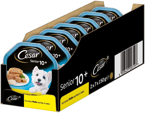 CESAR Nassfutter Cesar Senior 10+ Hunde-/Nassfutter mit zartem Huhn und Reis in Gelee, 14 Schalen (14 x 150g) 4008429093197