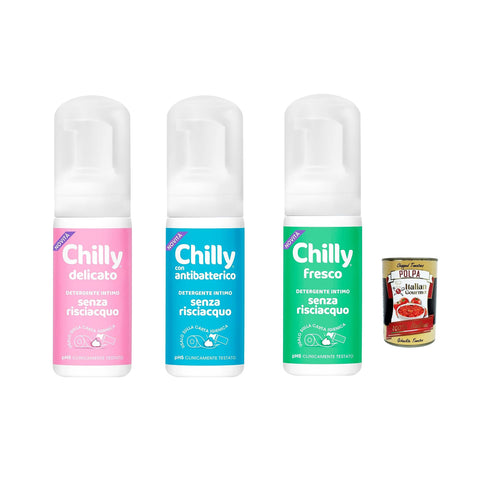 Testpaket Chilly Senza Risciacquo, Delicato - Fresco - Antibatterico - Intimreiniger ohne Ausspülen, zur Verwendung außerhalb des Hauses, pH5 Mousse 100 ml