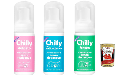 Chilly Intime Pflege & Hygiene Testpaket Chilly Senza Risciacquo, Delicato - Fresco - Antibatterico - Intimreiniger ohne Ausspülen, zur Verwendung außerhalb des Hauses, pH5 Mousse 100 ml + Italian Gourmet polpa 400g 8002410037395