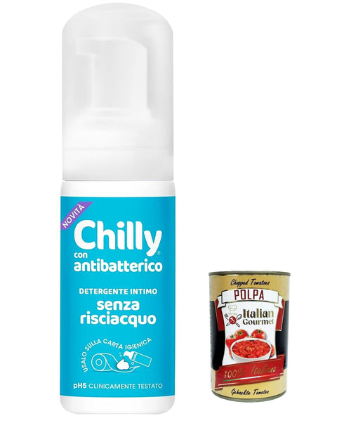 Chilly Toilettenpapiere 6x Chilly Senza Risciacquo, Antibatterico Intimreiniger ohne Ausspülen, zur Verwendung außerhalb des Hauses auf Toilettenpapier, pH5-Mousse-Formel 100 ml + Italian Gourmet polpa 400g 8002410037401