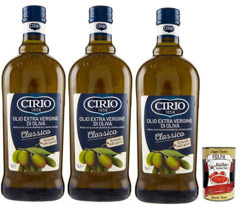 Cirio Oliven Cirio, Extra Natives Olivenöl Classico, Olivenöl mit höherer Kategorie, das direkt von den Oliven und nur durch mechanische Verfahren erhalten wurde, 3x 1lt + Italian Gourmet polpa 400g 8004275057617