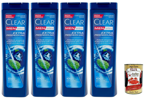 Clear Shampoos Clear Extra Freschezza 24H Men Shampoo für alle Haar- und Kopfhauttypen - Extra Frische Shampoo 4x 225ml + Italian Gourmet polpa 400g