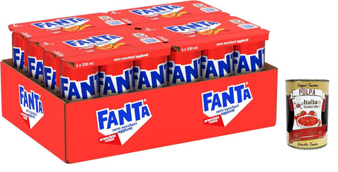 CocaCola Sirupe Fanta Zero Zuccheri Gusto Aranciata Rossa, mit sizilianischem Blutorangensaft, ohne Zuckerzusatz und Konservierungsstoffe, Dose, erfrischender Geschmack – 24 x 330 ml + Italian Gourmet polpa 400g 5449000256751