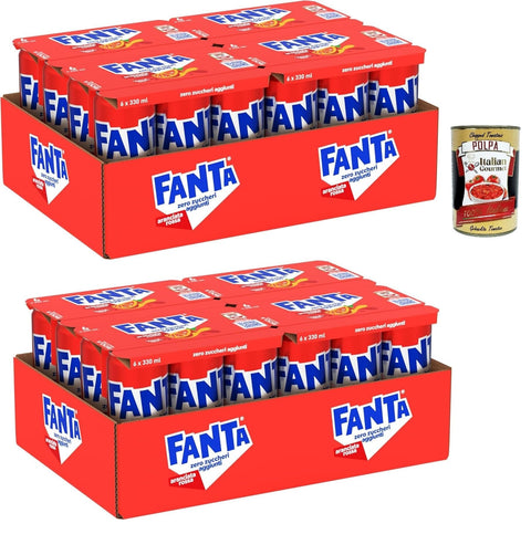 CocaCola Sirupe Fanta Zero Zuccheri Gusto Aranciata Rossa, mit sizilianischem Blutorangensaft, ohne Zuckerzusatz und Konservierungsstoffe, Dose, erfrischender Geschmack – 48 x 330 ml + Italian Gourmet polpa 400g 5449000256751