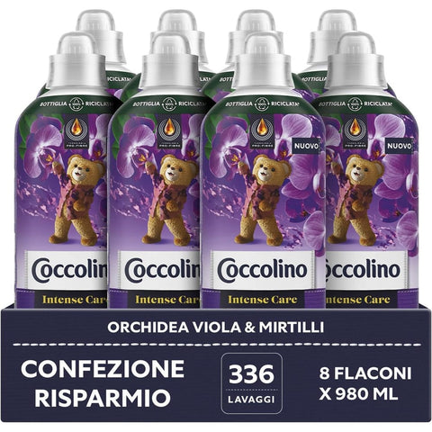 Coccolino Flüssiger Weichspüler Coccolino Weichspülerkonzentrat, Orchidee und Blaubeeren, Weichspüler für Waschmaschine Intense Care mit Pro Fibre Technologie, Format bis zu 336 Wäschen, 8 Stück à 980 ml italienisch Original 8720181351952