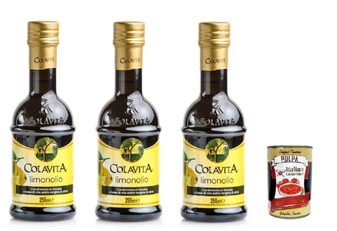 Colavita Koch- & Backzutaten Colavita Limonolio, Olio aromatizzato al limone, Olivenöl extra vergine mit Zitrone 3x 250-ml + Italian gourmet polpa 400g 8001876043247