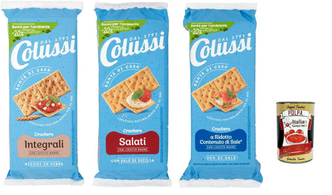 Colussi crackers Testpaket salati, -30% sale, integrali 3x500 g italienisch Original Pastasauce + gratis polpa 400 g