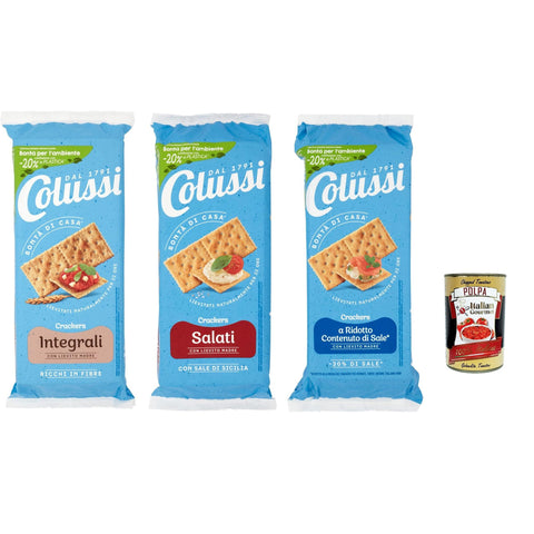 Colussi crackers Testpaket salati, -30% sale, integrali 3x500 g italienisch Original Pastasauce + kostenlos polpa 400 g