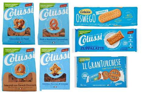 Colussi Biscotti Testpaket Granturchese Oswego Zuppalatte Kekse mit Schokolade in Stücken Biscuits 7 Stücke italienisch Original