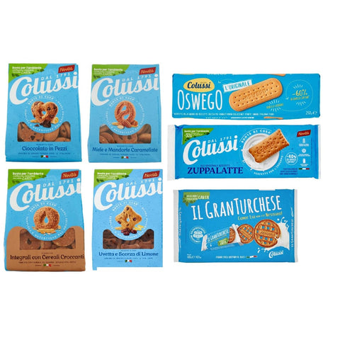 Colussi Snack Kuchen & Backwaren Colussi Biscotti Testpaket Granturchese Oswego Zuppalatte Kekse mit Schokolade in Stücken Biscuits 7 Stücke italienisch Original 8002590081157