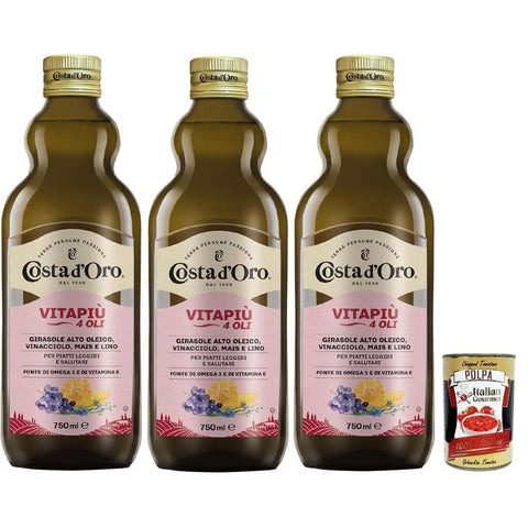 Costa d'oro Mischungen Costa d'oro Vitapiù 4 oli, 750 ml. Öl reich an Omega 3 und 6 und Vitamin E. 3x 75 cl. Original italienisch inkl. Italian Gourmet Polpa 400g 8032804040014
