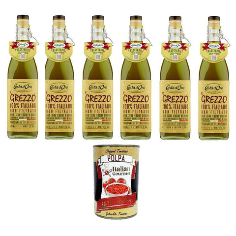 Costa d'oro Il Grezzo Olio extra vergione di oliva Extra Natives Olivenöl - Ungefiltertes & Kaltgepresstes 6x750 ml italienisch Original + kostenlos polpa 400 g