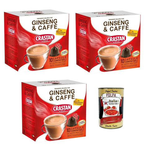 Crastan Kapseln & Pads Crastan 30 -Kapseln, Ginseng- und Kaffee-Kapseln, glutenfrei, 100% Made in Italy Original italienisch inkl. Italian Gourmet Polpa 400g 8032804040014