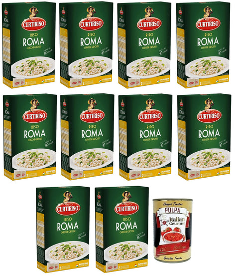 Curtiriso Reis 10x Curtiriso Riso Roma,100% Italienischer Reis,Ideal für weiche Risottos,Reis mit Sauce und Timbales Kochzeit 16 Minuten,Packung mit 1Kg + Italian Gourmet Polpa di Pomodoro 400g Dose 8017759011302