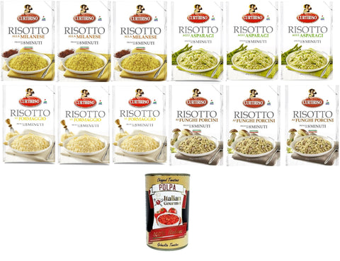 Curtiriso Reisgerichte Curtiriso Risotto Testpaket Milanese,Funghi Porcini,Asparagi,Parmigiana,Mailänder, Steinpilze, Spargel, Parmigiana 12x175gr + Italian gourmet polpa 400g 8017759646795