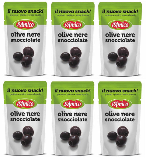 D'amico Gemüsegerichte 6x D'Amico Il Nuovo Snack Olive Nere Snocciolate Entsteinte Schwarze Oliven Ohne Flüssigkeit 75g 8005695005707