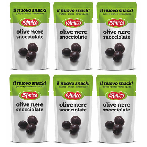 D'amico Il Nuovo Snack Olive Nere Snocciolate Entsteinte Schwarze Oliven Ohne Flüssigkeit 6x75g Original italienisch Feinkost