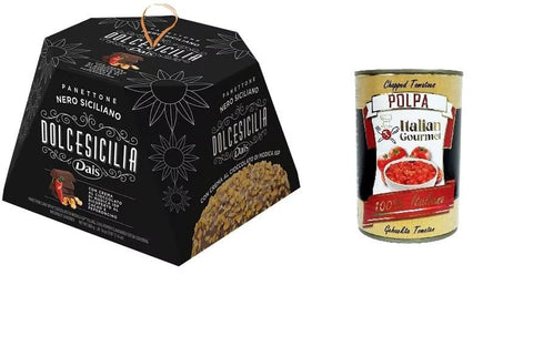Dais Brot & Backwaren Dais Panettone Nero Siciliano Dolcesicilia, Panettone Mit Modica-Schokoladencreme IGP, umhüllt von Kakao und Chili 800 gr + Italian Gourmet polpa 400g 8004920444038