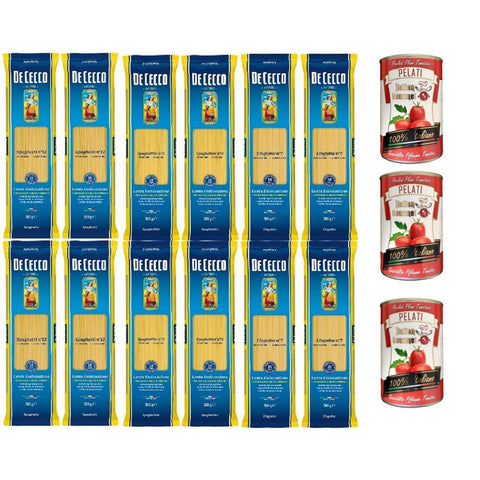 De Cecco Pasta Paket (Spaghetti N°12, Spaghettini N°11, Linguine N°7) Original italienisch inkl. Italian Gourmet 100% italienische geschälte Tomaten dosen 3x 400g