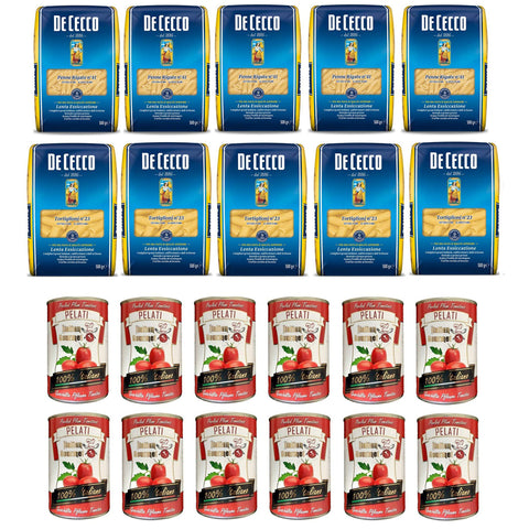 De Cecco italienisch Pasta Penne Rigate - Tortiglioni ( 10 x 500g ) Testpaket Original italienisch inkl. Italian Gourmet Pelati dosen italienische geschälte Tomaten ( 12 x 400g )