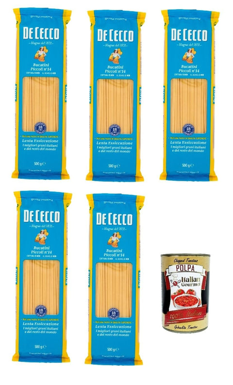 De Cecco Internationale Nudeln De Cecco bucatini piccoli N°14 100% Italienisch Pasta Nudeln 5x 500g + Italian Gourmet Polpa 400g 8001250120144