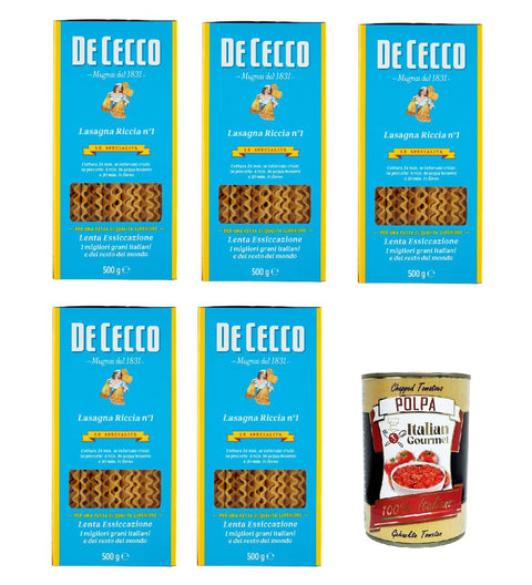 De Cecco Internationale Nudeln De Cecco Le Specialità Lasagna Riccia N°1, 100% Italienisch Pasta Nudeln 5x 500g + Italian Gourmet Polpa 400g 8001250110015