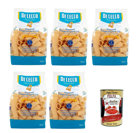 De Cecco Internationale Nudeln De Cecco Le Specialità Rigatoni Napoletani N°124, 100% Italienisch Pasta Nudeln 5x 500g + Italian Gourmet Polpa 400g 8001250121240