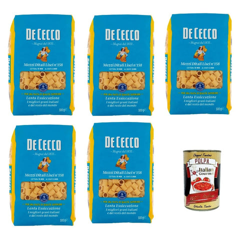 DE CECCO Internationale Nudeln DE CECCO Mezzi Ditali Lisci N°158 100% Italienisch Pasta Nudeln 5x 500g Original italienisch inkl. Italian Gourmet Polpa 400g 8032804040014
