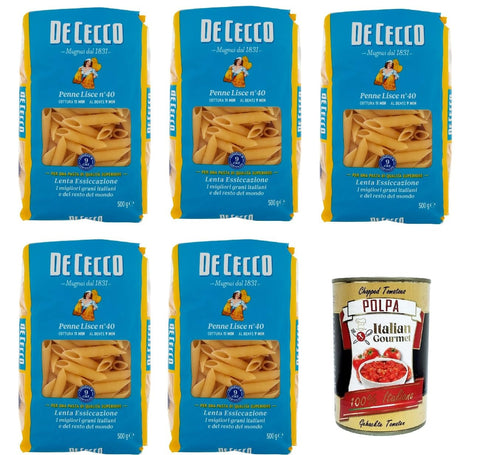 De Cecco Internationale Nudeln De Cecco Penne lisce N°40, 100% Italienisch Pasta Nudeln 5x 500g + Italian Gourmet Polpa 400g 8001250120403
